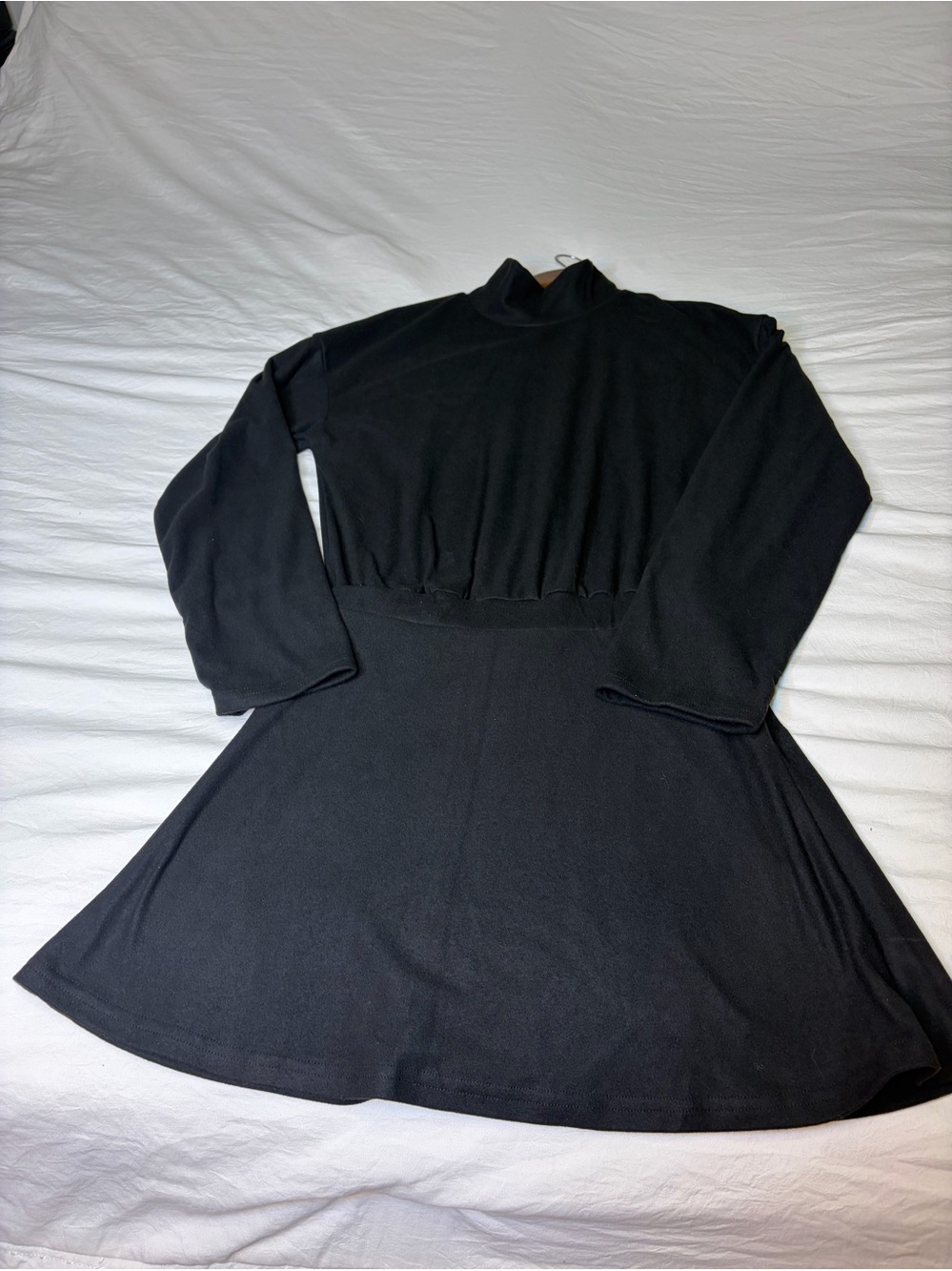 Black Long Sleeve Funnel Neck Dress with Flared Skirt